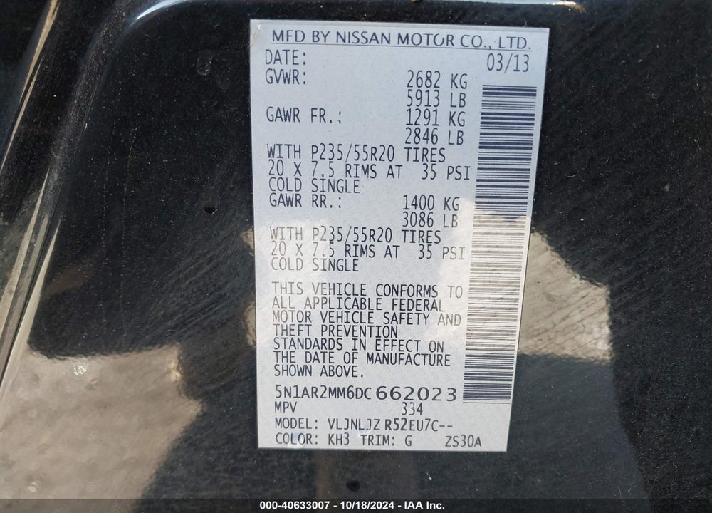 2013 NISSAN PATHFINDER PLATINUM VIN: 5N1AR2MM6DC662023
