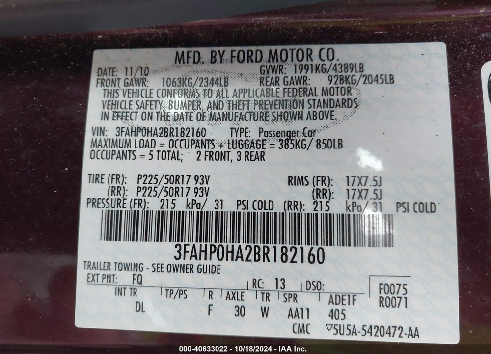 2011 FORD FUSION SE VIN: 3FAHP0HA2BR182160