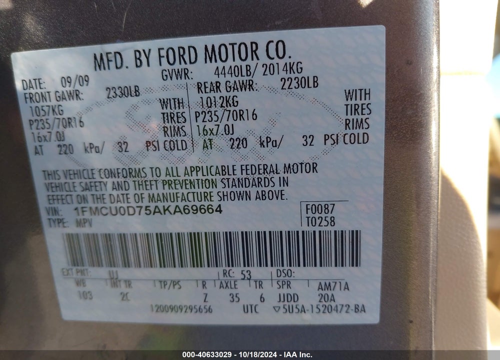 2010 FORD ESCAPE XLT VIN: 1FMCU0D75AKA69664