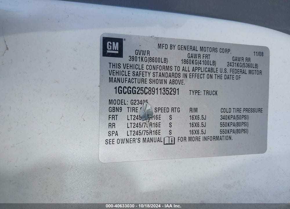 2009 CHEVROLET EXPRESS 2500 WORK VAN VIN: 1GCGG25C891135291