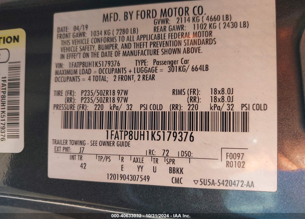 2019 FORD MUSTANG ECOBOOST PREMIUM VIN: 1FATP8UH1K5179376