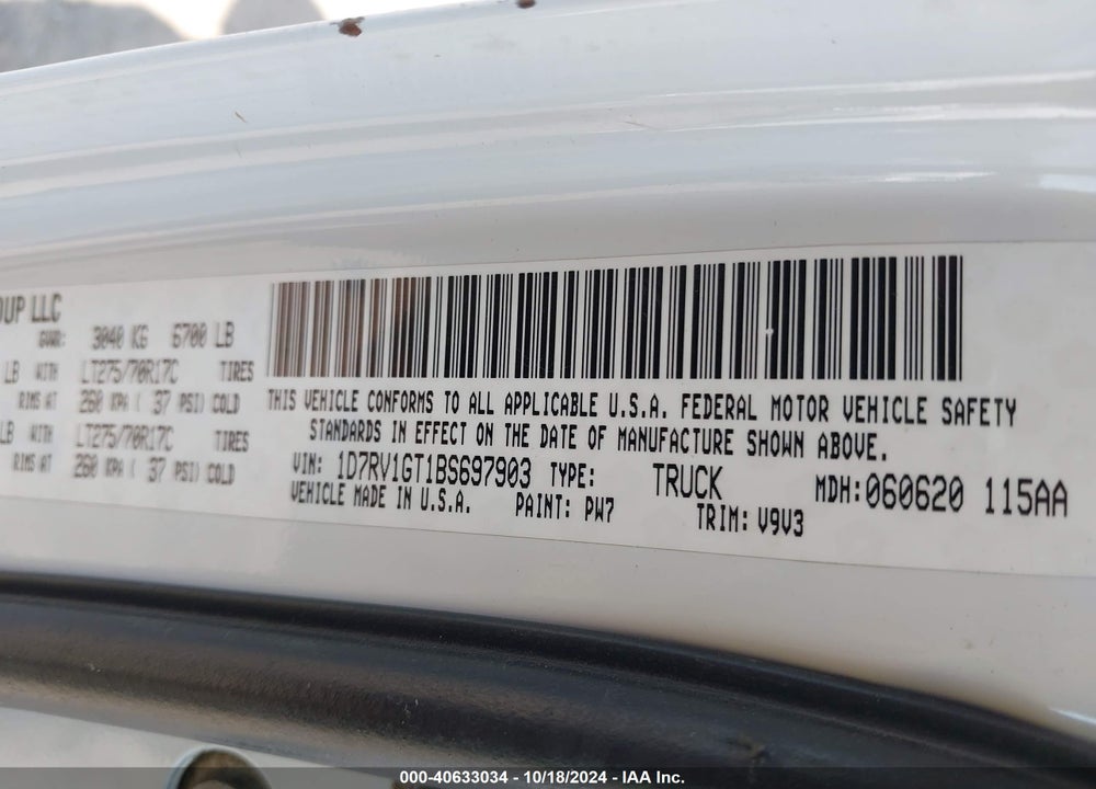2011 RAM 1500 ST VIN: 1D7RV1GT1BS697903