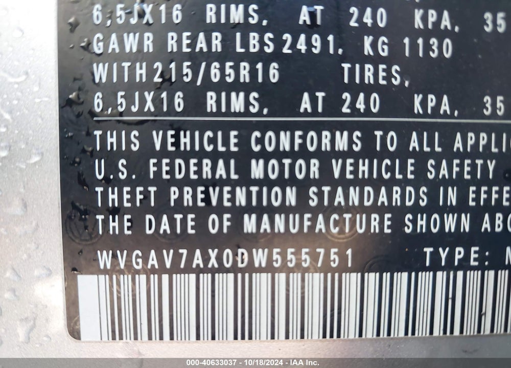 2013 VOLKSWAGEN TIGUAN S VIN: WVGAV7AX0DW555751
