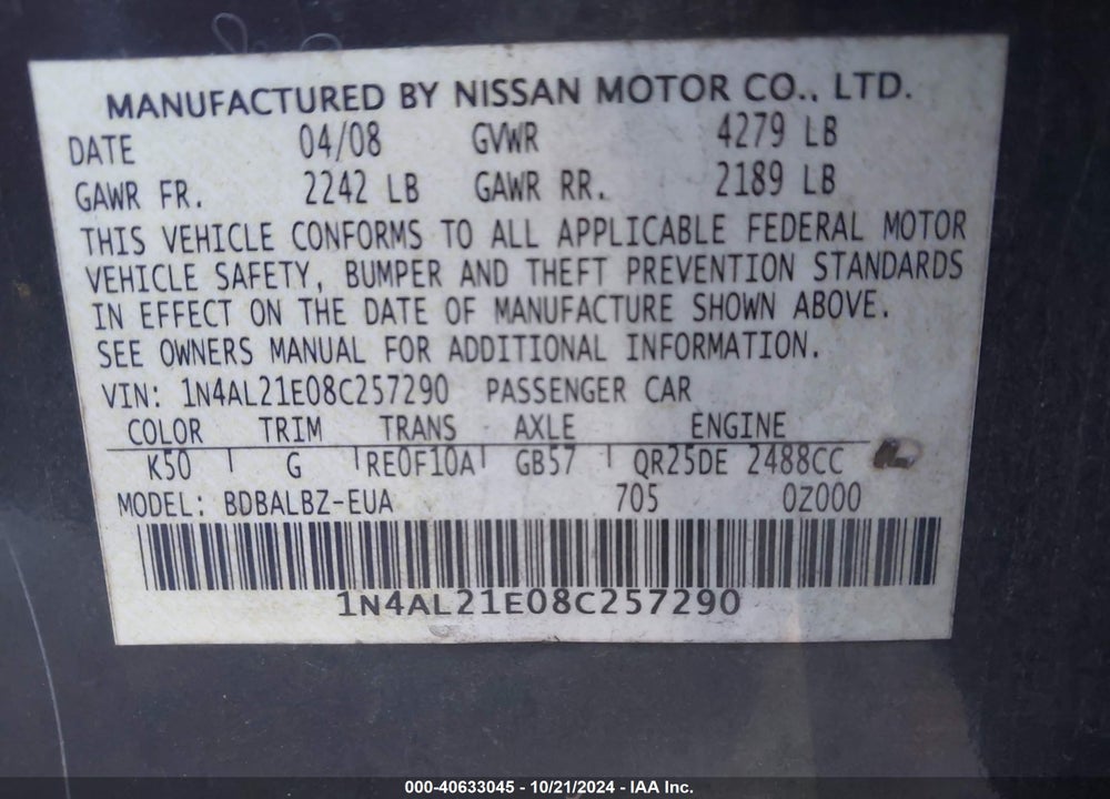 2008 NISSAN ALTIMA 2.5 S VIN: 1N4AL21E08C257290