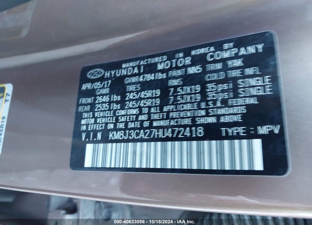 2017 HYUNDAI TUCSON SPORT VIN: KM8J3CA27HU472418
