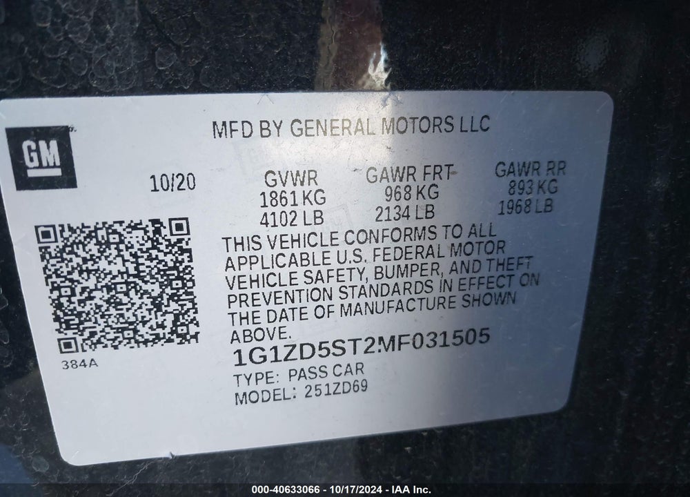 2021 CHEVROLET MALIBU FWD LT VIN: 1G1ZD5ST2MF031505