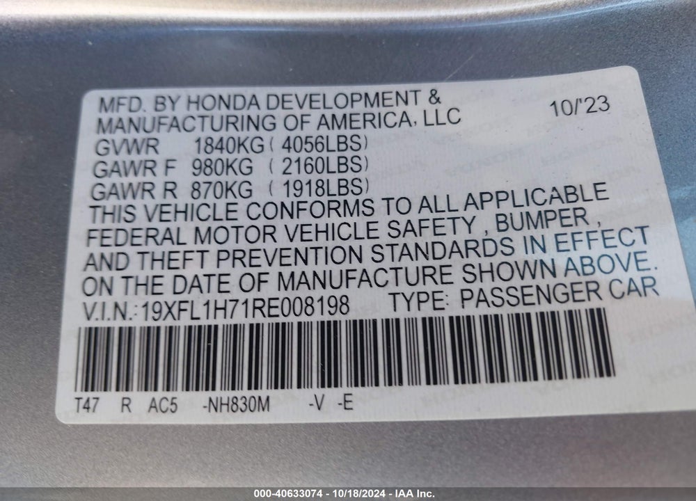 2024 HONDA CIVIC EX-L VIN: 19XFL1H71RE008198