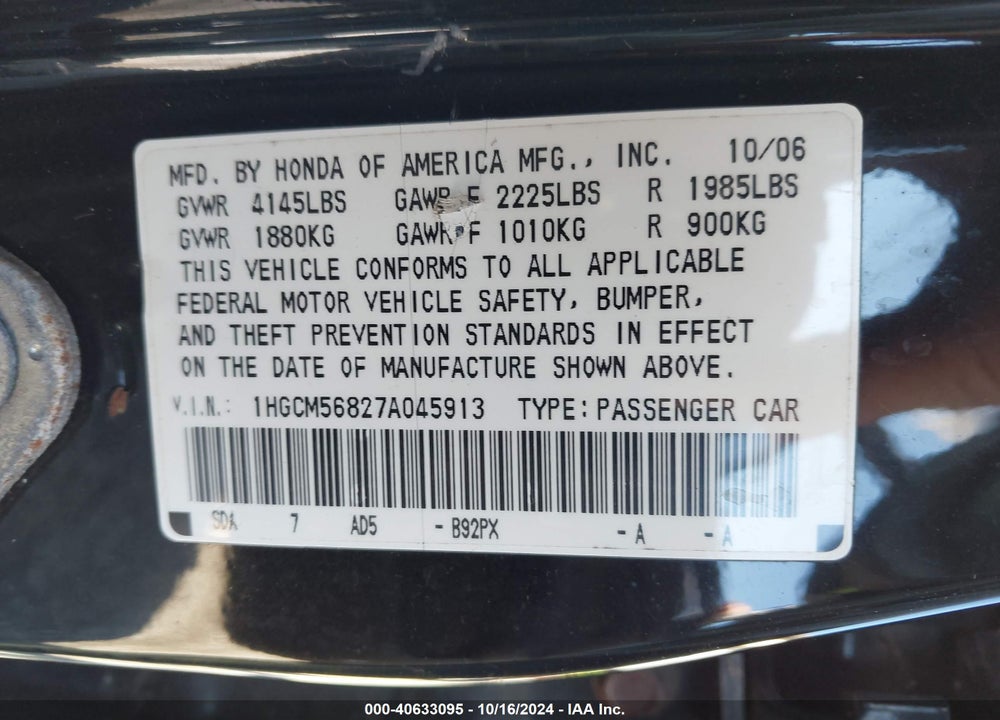 2007 HONDA ACCORD 2.4 EX VIN: 1HGCM56827A045913