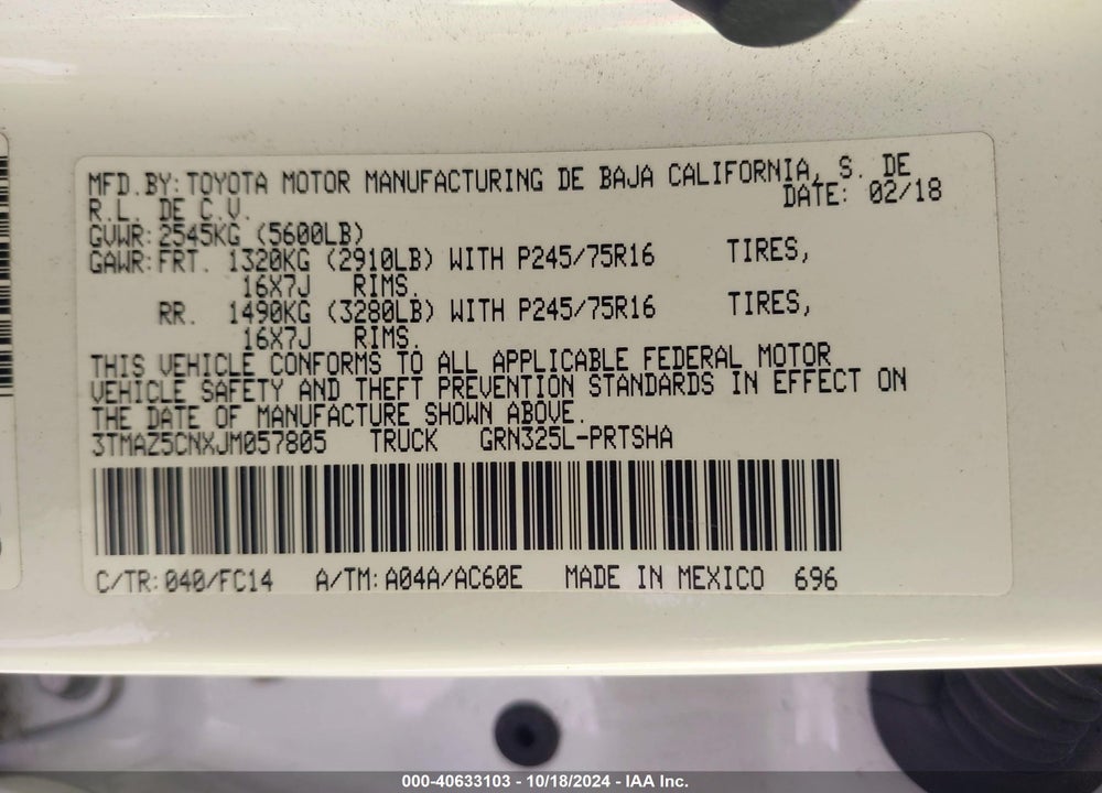 2018 TOYOTA TACOMA SR5 V6 VIN: 3TMAZ5CNXJM057805