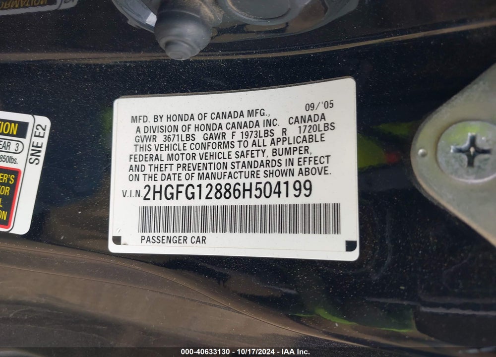 2006 HONDA CIVIC EX VIN: 2HGFG12886H504199