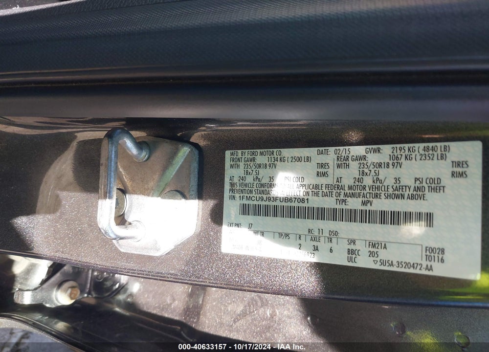 2015 FORD ESCAPE TITANIUM VIN: 1FMCU9J93FUB67081