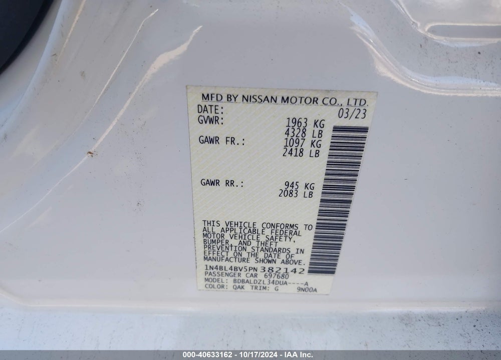 2023 NISSAN ALTIMA S FWD VIN: 1N4BL4BV5PN382142