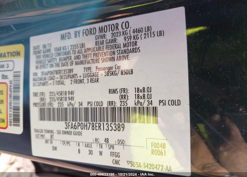 2014 FORD FUSION SE VIN: 3FA6P0H78ER135389