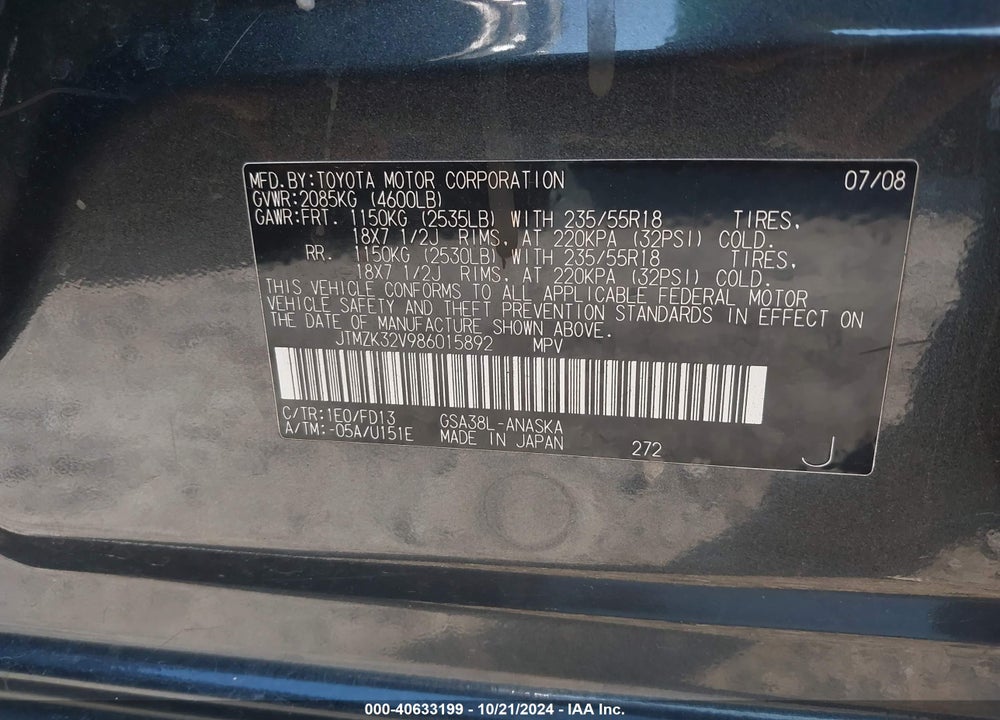 2008 TOYOTA RAV4 SPORT V6 VIN: JTMZK32V986015892