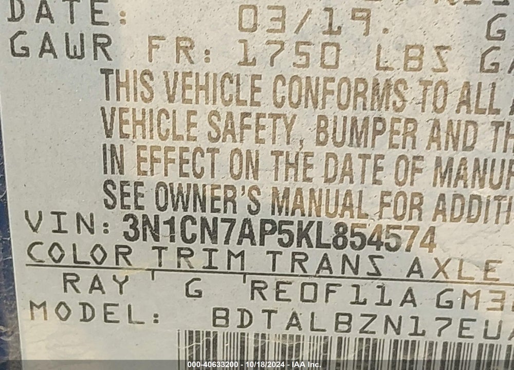 2019 NISSAN VERSA 1.6 SV VIN: 3N1CN7AP5KL854574
