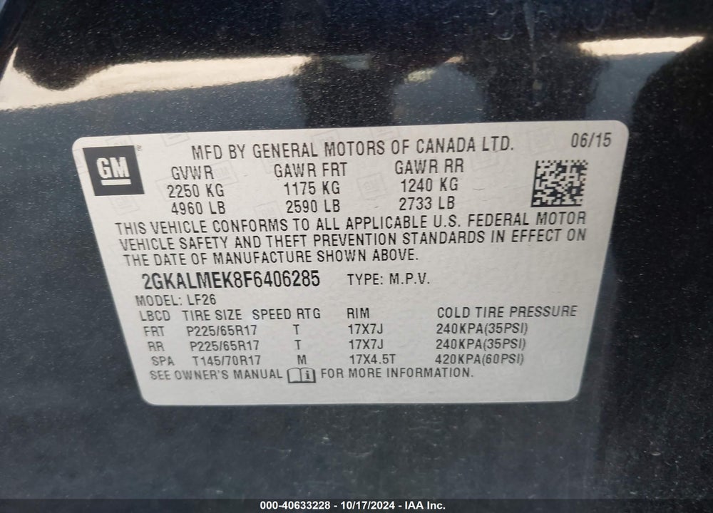 2015 GMC TERRAIN SLE-1 VIN: 2GKALMEK8F6406285