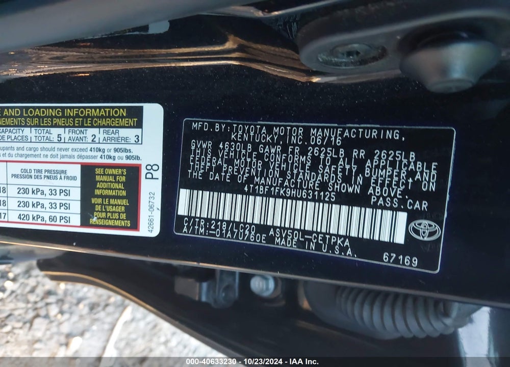 2017 TOYOTA CAMRY XSE VIN: 4T1BF1FK9HU631125