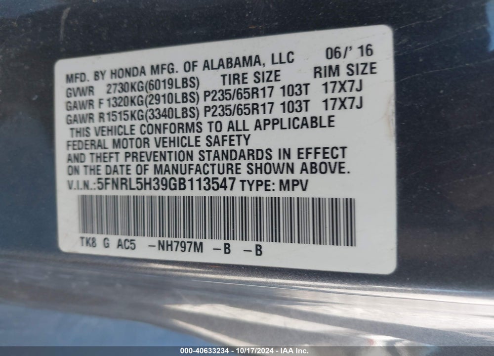 2016 HONDA ODYSSEY SE VIN: 5FNRL5H39GB113547