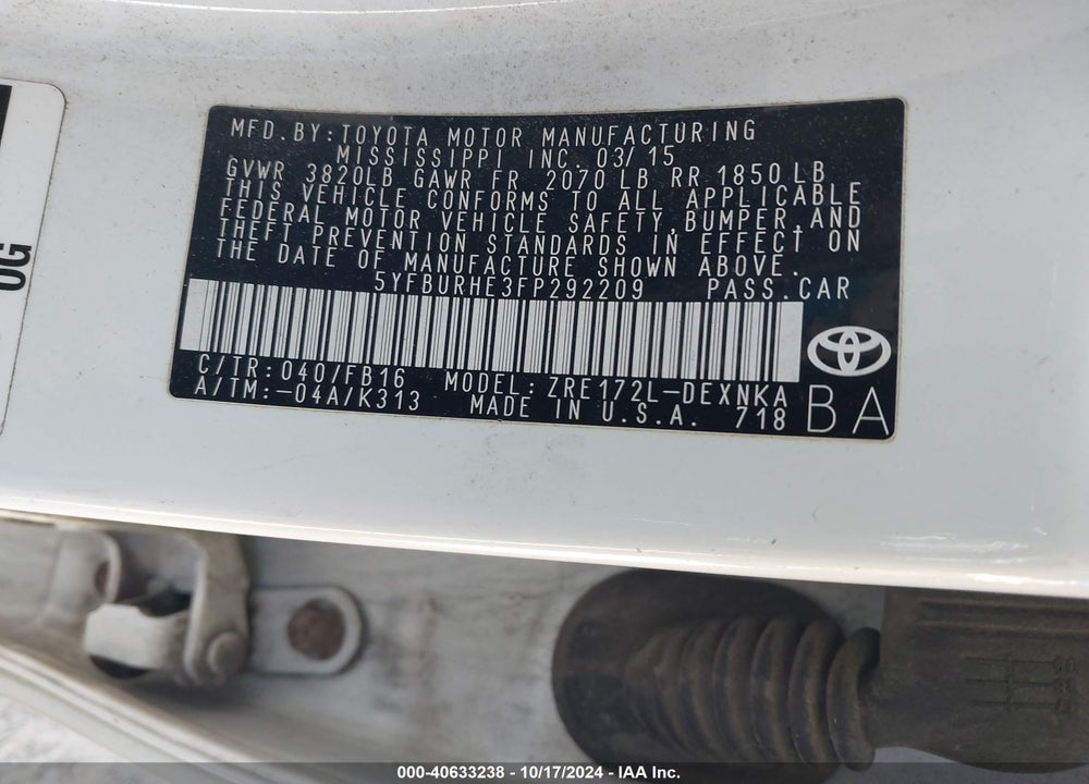 2015 TOYOTA COROLLA VIN: 5YFBURHE3FP292209