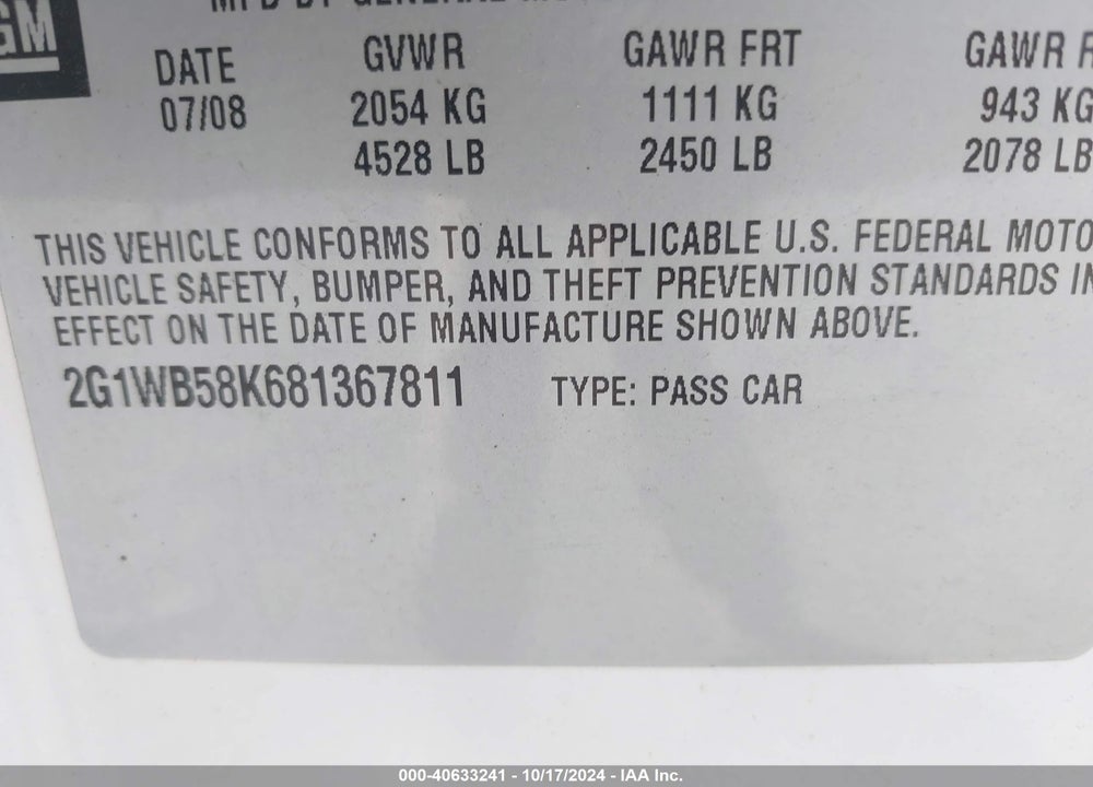 2008 CHEVROLET IMPALA LS VIN: 2G1WB58K681367811