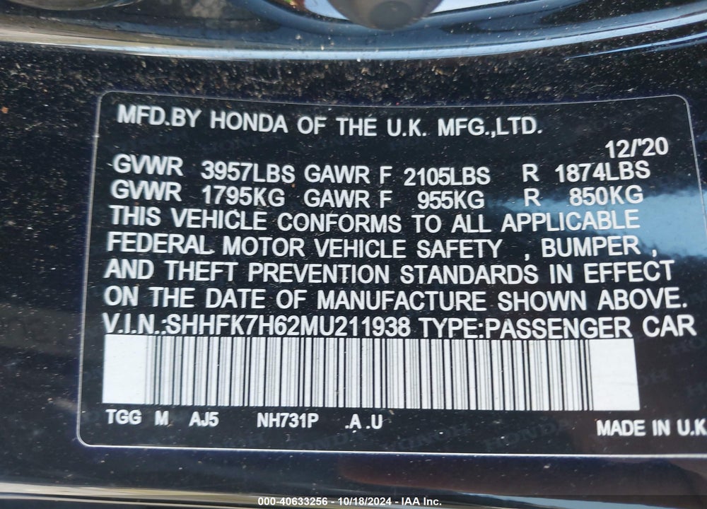 2021 HONDA CIVIC EX VIN: SHHFK7H62MU211938