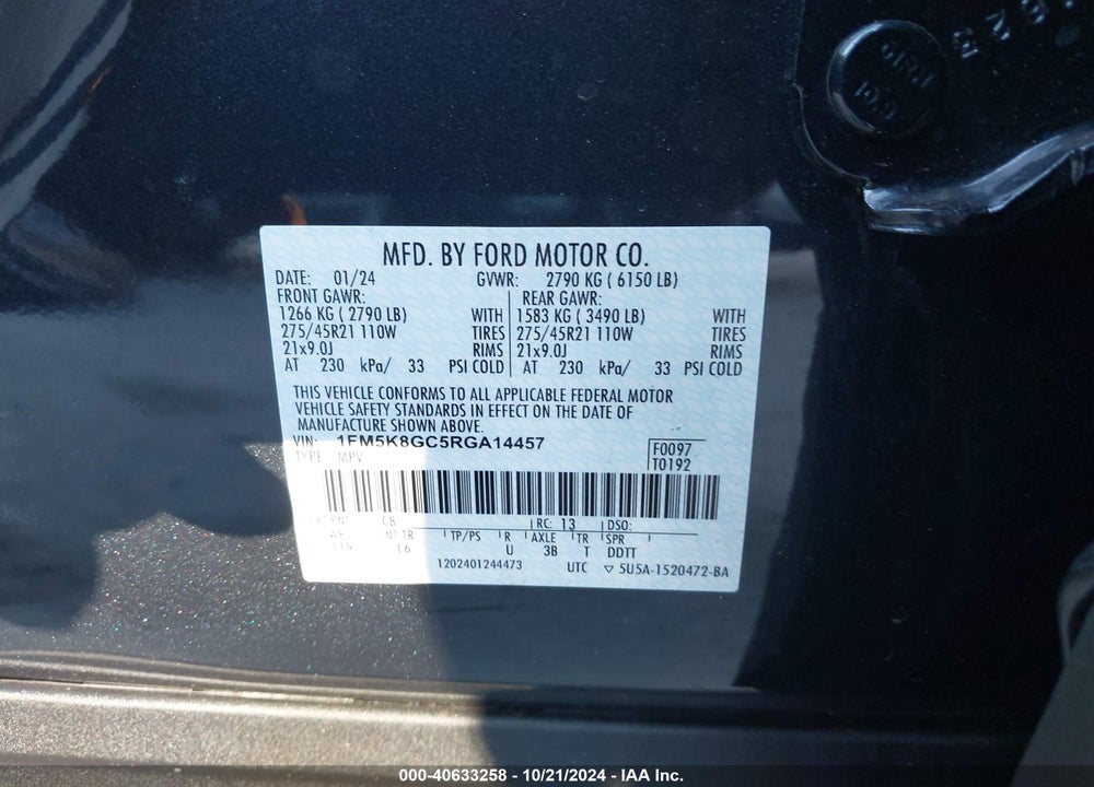 2024 FORD EXPLORER ST VIN: 1FM5K8GC5RGA14457