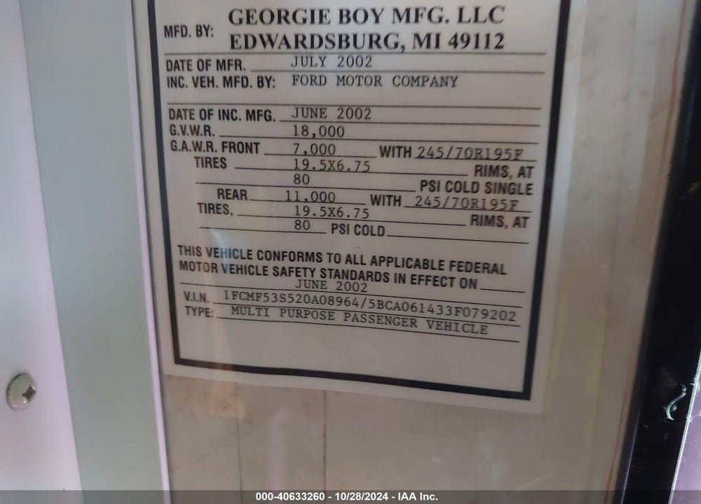 2002 FORD F550 SUPER DUTY STRIPPED CHASS VIN: 1FCMF53S520A08964