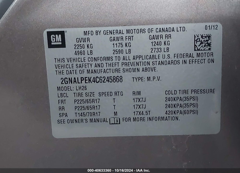 2012 CHEVROLET EQUINOX 2LT VIN: 2GNALPEK4C6245868