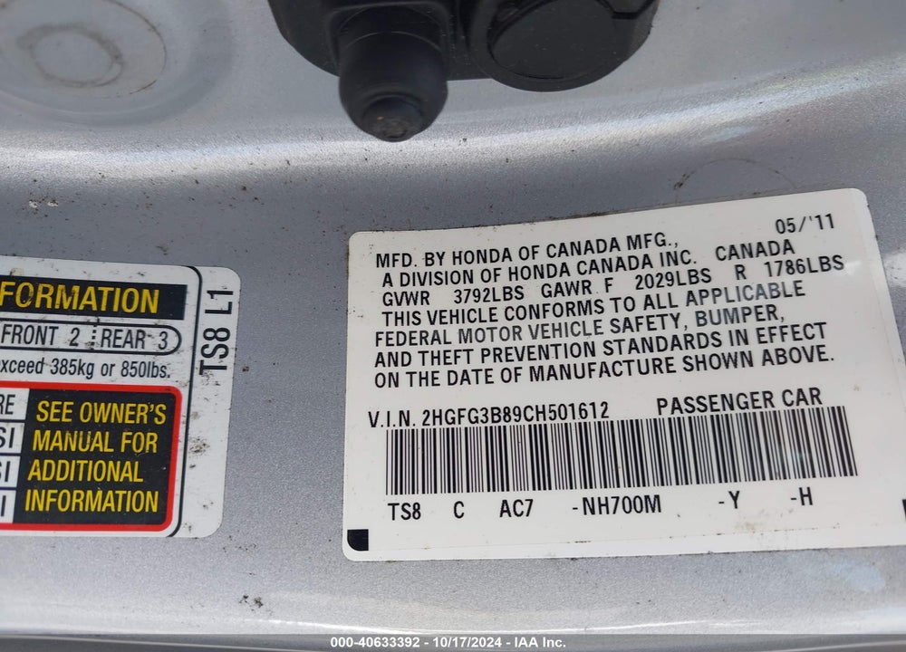 2012 HONDA CIVIC EX VIN: 2HGFG3B89CH501612