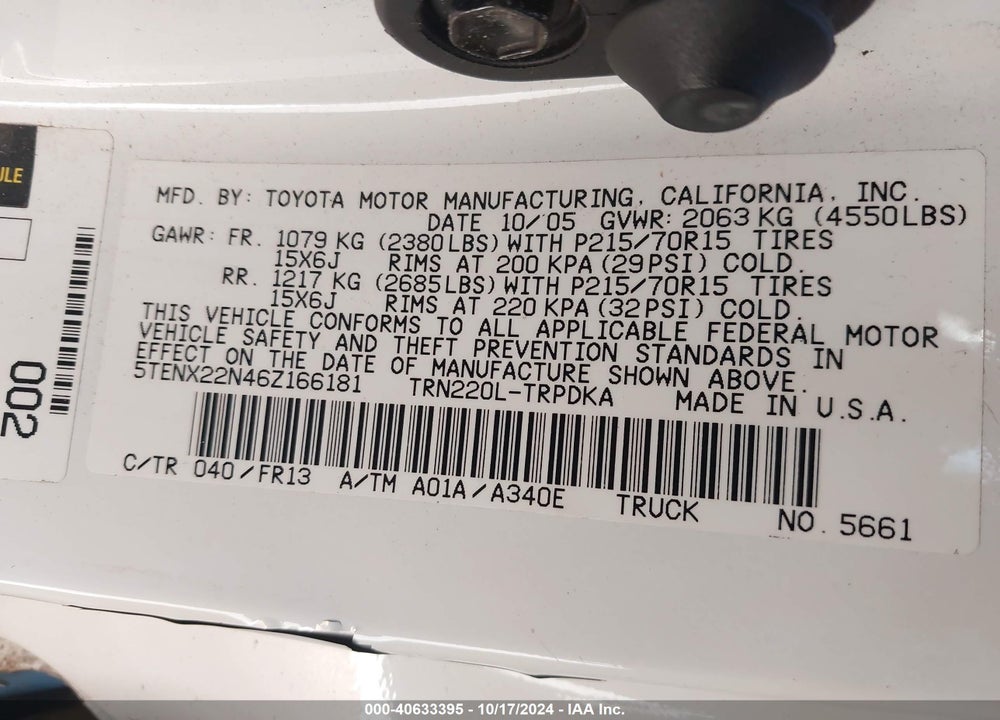 2006 TOYOTA TACOMA VIN: 5TENX22N46Z166181