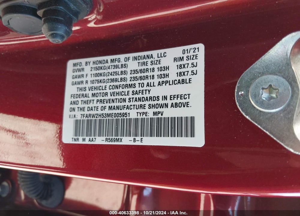 2021 HONDA CR-V AWD EX VIN: 7FARW2H53ME005951