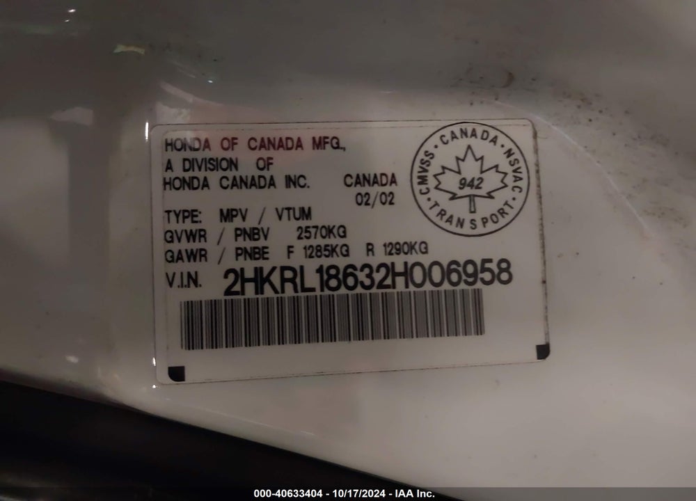 2002 HONDA ODYSSEY EX VIN: 2HKRL18632H006958