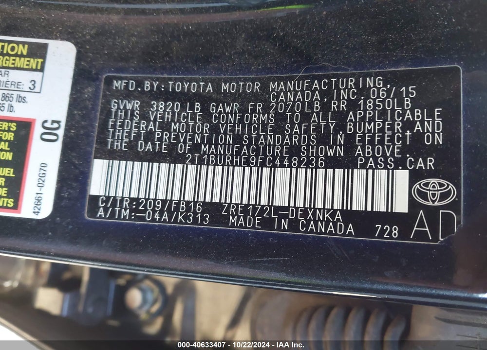 2015 TOYOTA COROLLA LE VIN: 2T1BURHE9FC448236