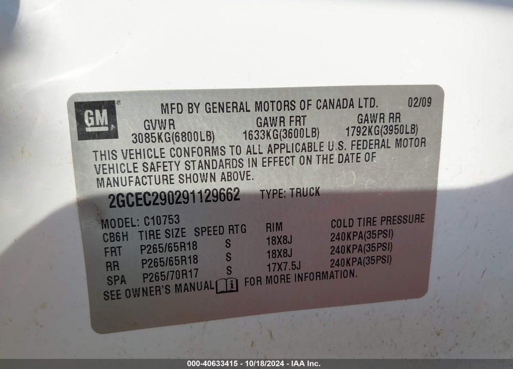 2009 CHEVROLET SILVERADO 1500 LT VIN: 2GCEC290291129662