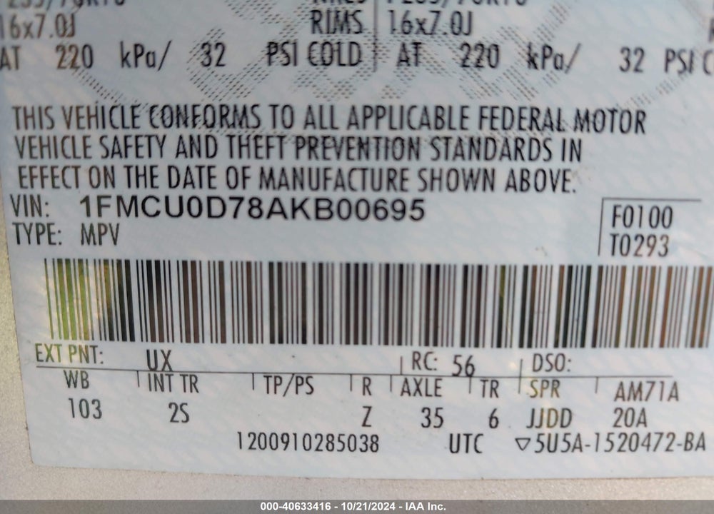 2010 FORD ESCAPE XLT VIN: 1FMCU0D78AKB00695