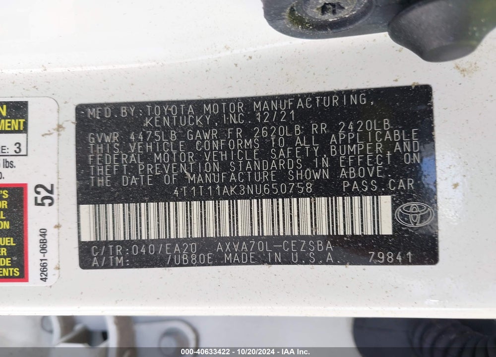 2022 TOYOTA CAMRY SE VIN: 4T1T11AK3NU650758