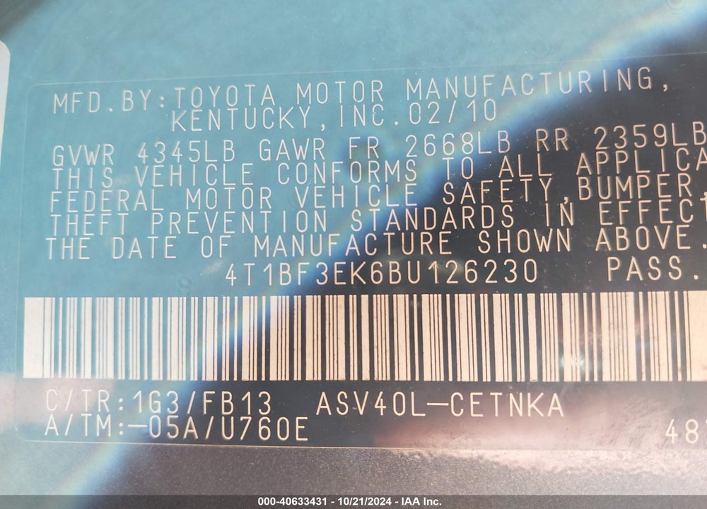 2011 TOYOTA CAMRY LE VIN: 4T1BF3EK6BU126230