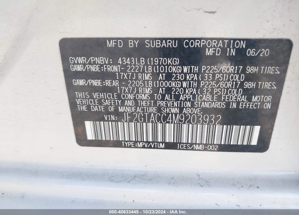 2021 SUBARU CROSSTREK PREMIUM VIN: JF2GTACC4M9203932