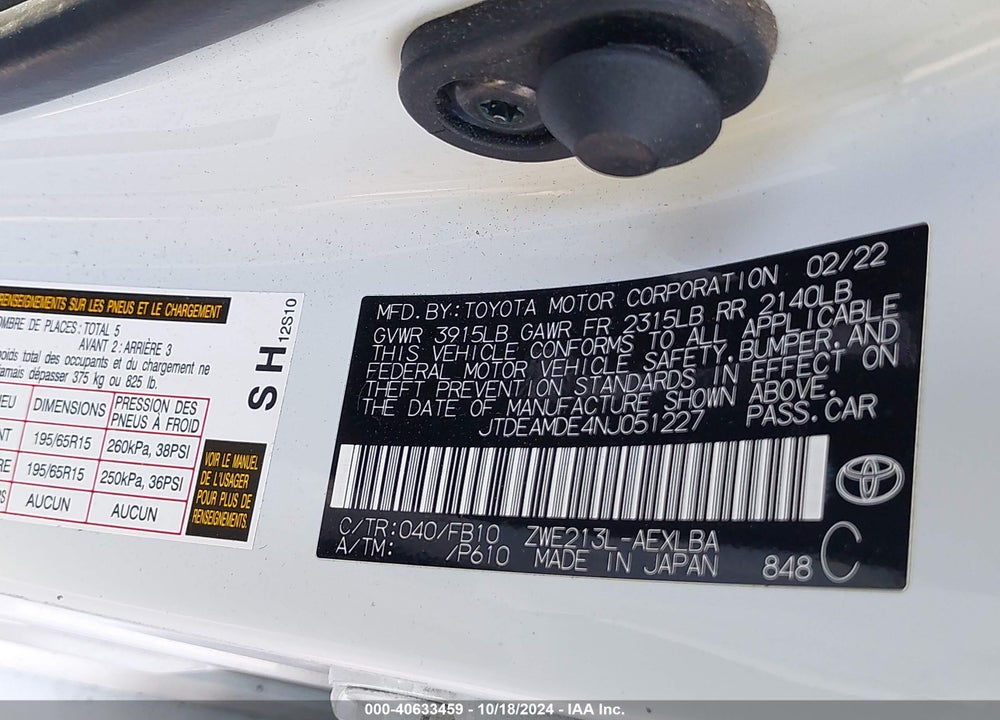 2022 TOYOTA COROLLA HYBRID LE VIN: JTDEAMDE4NJ051227