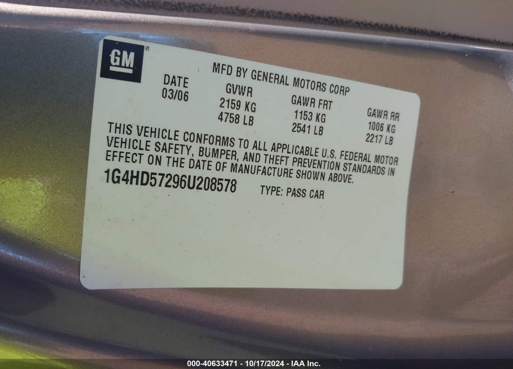 2006 BUICK LUCERNE CXL VIN: 1G4HD57296U208578