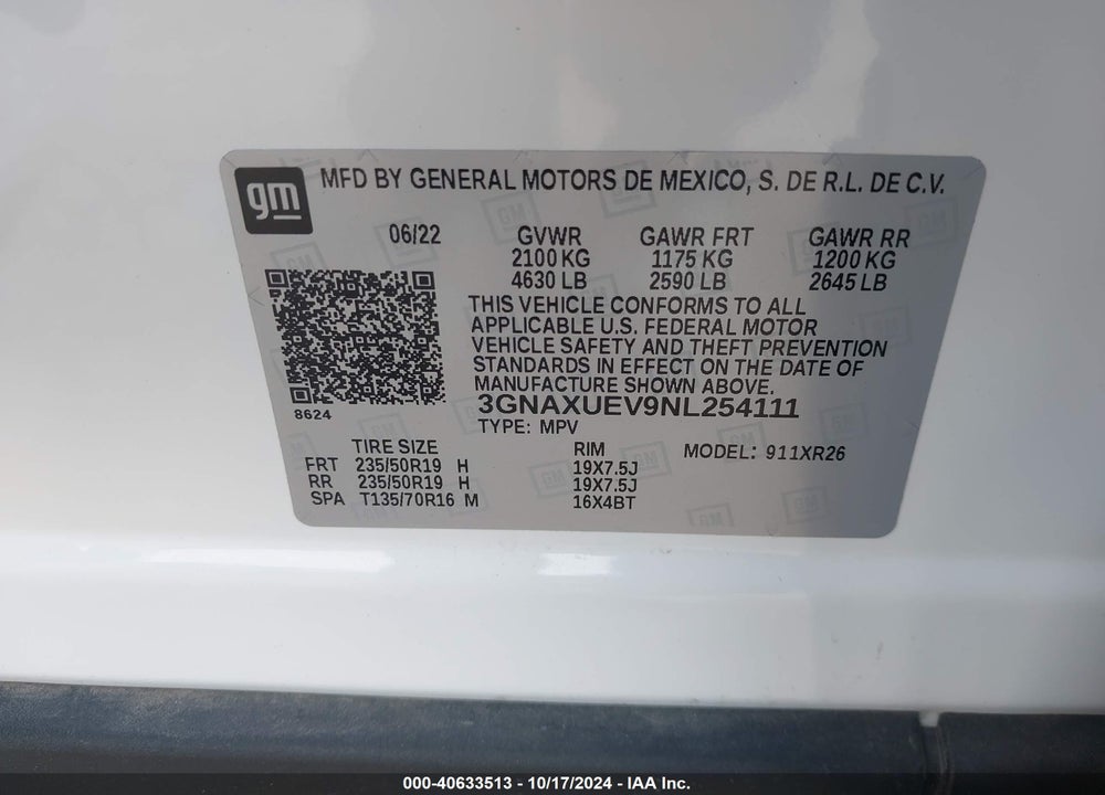 2022 CHEVROLET EQUINOX AWD LT VIN: 3GNAXUEV9NL254111