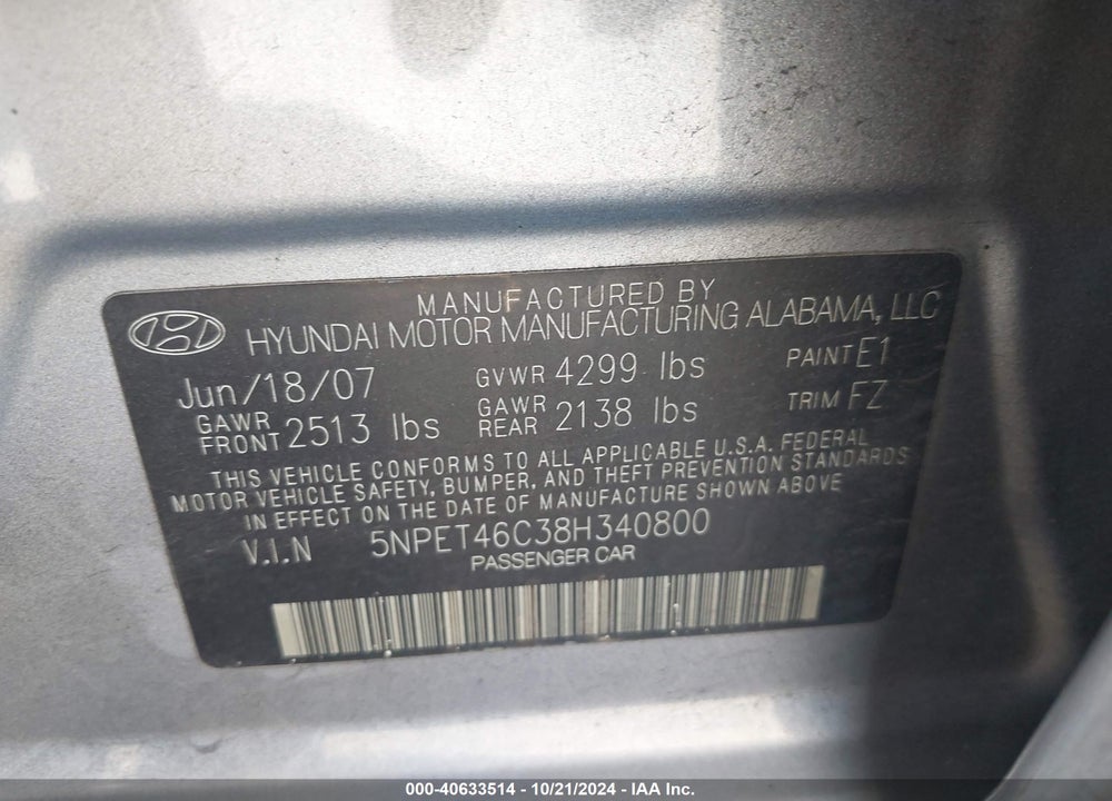 2008 HYUNDAI SONATA GLS VIN: 5NPET46C38H340800