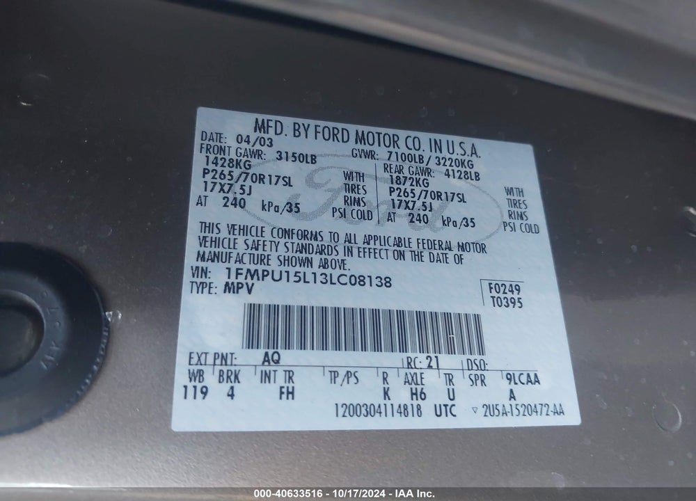 2003 FORD EXPEDITION XLT VIN: 1FMPU15L13LC08138