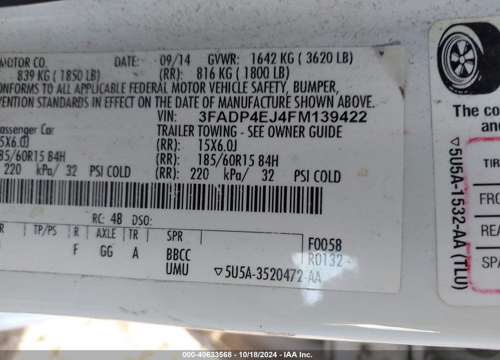 2015 FORD FIESTA SE VIN: 3FADP4EJ4FM139422