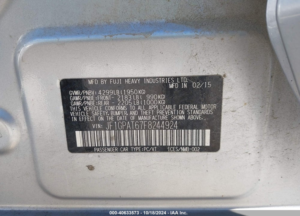 2015 SUBARU IMPREZA 2.0I SPORT PREMIUM VIN: JF1GPAT67F8244924