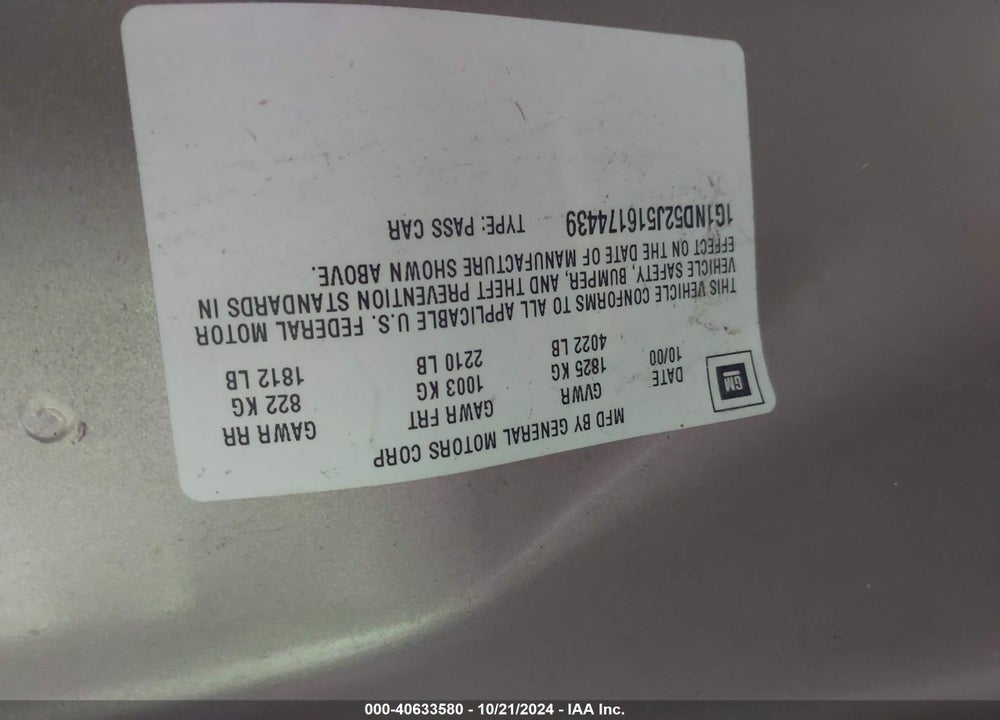 2001 CHEVROLET MALIBU VIN: 1G1ND52J516174439