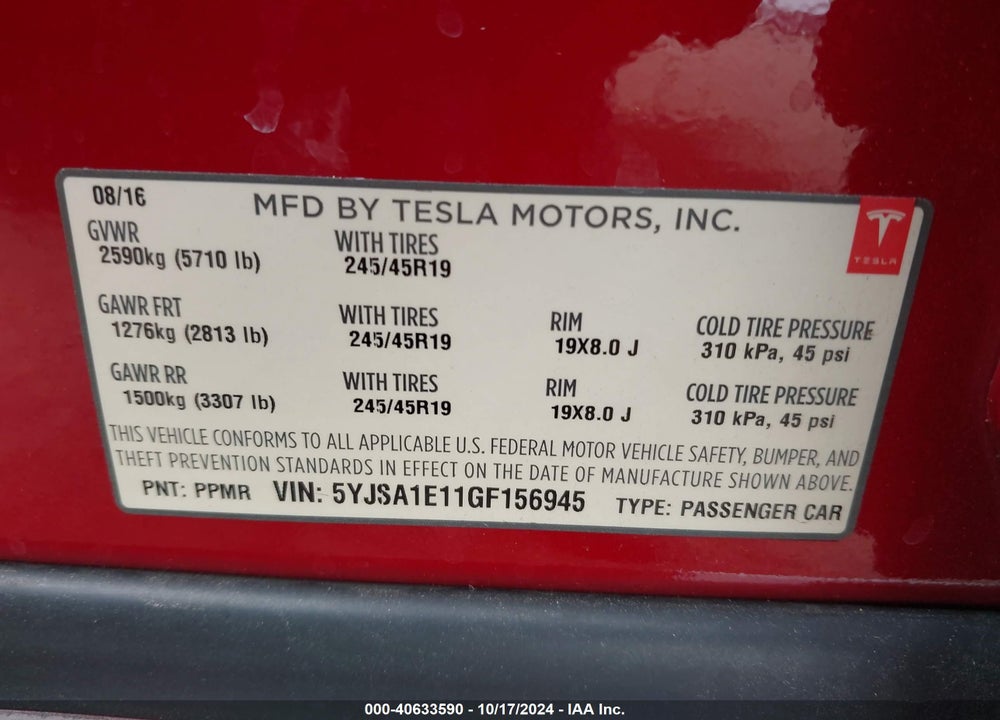 2016 TESLA MODEL S 60/70/75/85 VIN: 5YJSA1E11GF156945