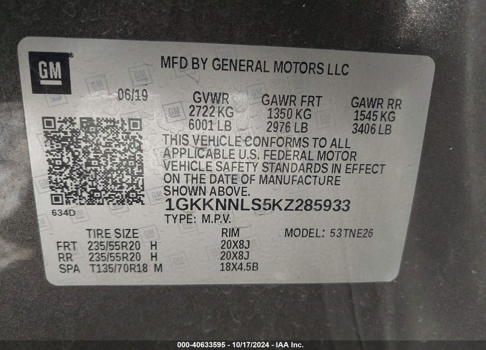2019 GMC ACADIA SLT-2 VIN: 1GKKNNLS5KZ285933