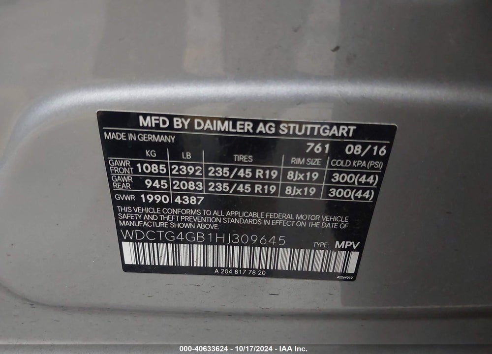 2017 MERCEDES-BENZ GLA 250 4MATIC VIN: WDCTG4GB1HJ309645