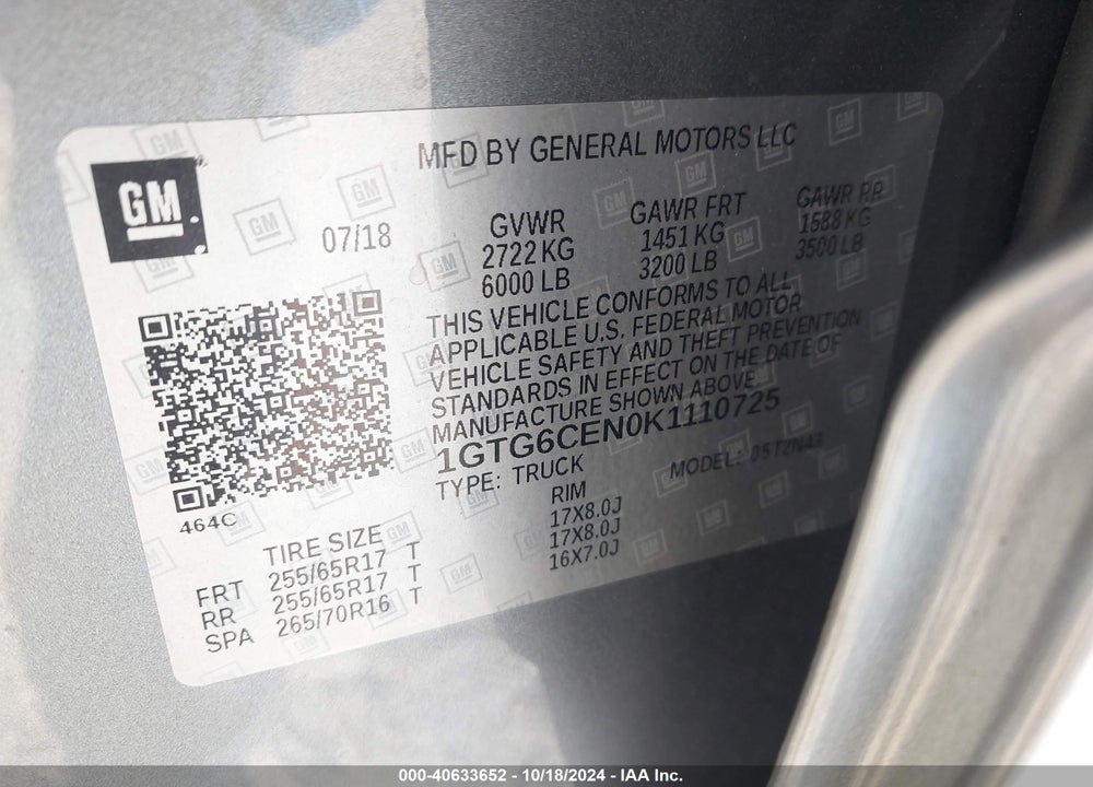 2019 GMC CANYON SLE VIN: 1GTG6CEN0K1110725